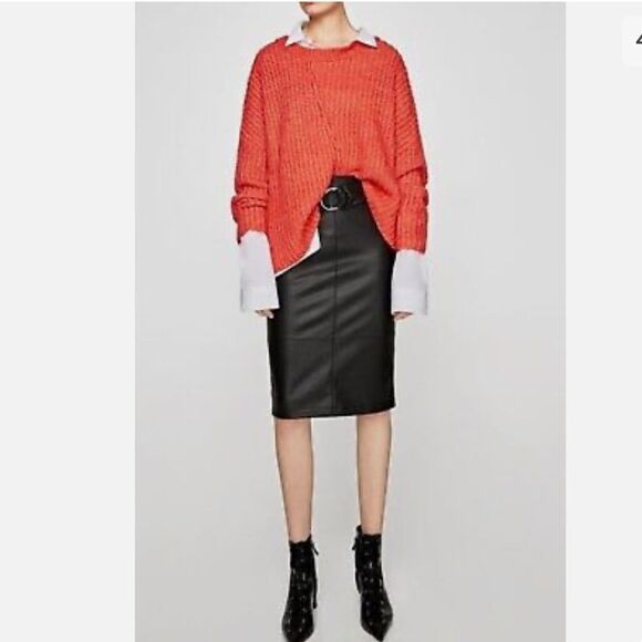 ZARA BLACK FAUX LEATHER PENCIL SKIRT WITH waist belt Sz-Xs - Picture 2 of 13
